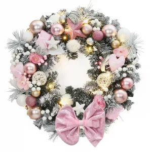 24 Inch Christmas Wreath with Pink Bow, LED Lights, Frosted PVC Pine Needles, Durable, Easy-to-Hang, Holiday Decor for Front Door