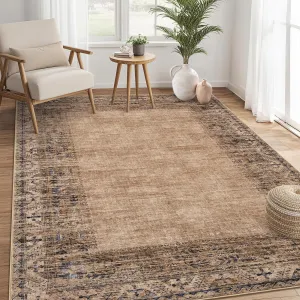 5x7 Washable Area Rug Brown for Living Room Dining Room Bedroom Kitchen, Stain Resistant, Non-Slip, Low-Pile, Vintage Border Carpet