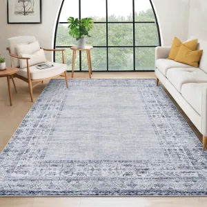 5x7 Washable Area Rug Blue for Living Room Vintage Border Stain Resistant Non-Slip Carpet