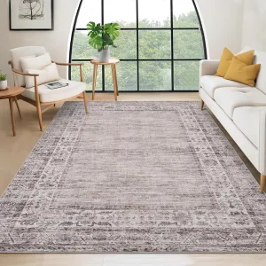 5x7 Washable Area Rug Vintage Border Stain Resistant Boho Carpet Taupe for Living Room Dining Room Bedroom Kitchen