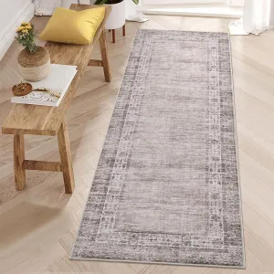 Vintage Border Runner Rug 2x6 Non Slip Kitchen Mat Taupe Low Pile Stain Resistant