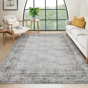 8x10 Area Rug Washable Vintage Border Soft Boho Carpet for Bedroom Living Room Kitchen Grey