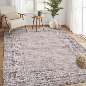 Bedroom Rug 3x5 Washable Border Area Rug for Living Room, Taupe, Stain Resistant, Non-Slip Rubber Backing
