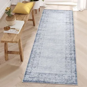 Vintage Border Runner Rug Non Slip Kitchen Hallway 2x6 Blue Low Pile Stain Resistant