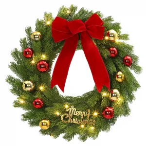 24 Inch Christmas Wreath with LED Lights & Red Bow, Artificial Pine PVC, Pre-Lit, Lightweight, Indoor/Outdoor Front Door Decor