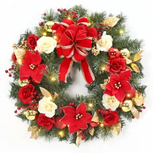 24 Inch Christmas Wreath with Lights, Pre-Lit, Red Bow & Xmas Balls, Artificial Durable Materials, Indoor/Outdoor, Front Door Fireplace Wall Decor