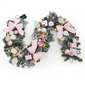 Christmas Garland with Lights, Holiday Accent Door Garland with Pink Bows & Colorful Balls, Pine Cones & Pine Needles, Christmas Decorations for Indoor Outdoor Gatherings Parties
