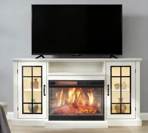 59" 3-Sided Glass Fireplace TV Stand for TVs up to 65" - Rustic Distressed White, LED Lights, Electric Fireplace, Glass Door Storage - Living Room
