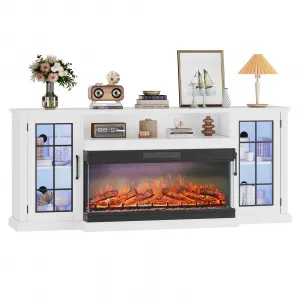75In 3-Sided Glass Fireplace TV Stand for TVs Up to 85" Rustic Distressed White Finish with LED Lights, Glass Door Storage, Cable Management - Living Room