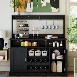 Farmhouse Coffee Bar Cabinet 47" with Charging Station & Wine Racks, Engineered Wood, Slim Profile & Sturdy Design, Black, Perfect for Kitchen or Dining Room