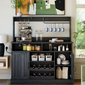 Farmhouse Coffee Bar Cabinet with Wine Rack, Power Outlets, Goblet Holder, MDF, Glass Racks, 5 Hooks, Black, Dining & Living Room