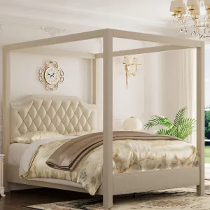 Queen Canopy Bed Frame with Upholstered Headboard, Four Poster Design, Button Tufted, and Slide Rail, No Box Spring Required, Wooden Slatted Structure, Beige
