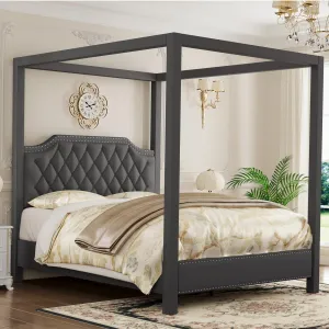 Queen Canopy Bed Frame with Upholstered Headboard, Four Poster Design, Button Tufted, and Slide Rail, No Box Spring Required, Wooden Slatted Structure, Gray