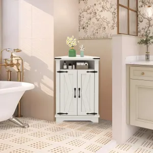 Farmhouse Corner Bathroom Cabinet with Barn Doors and Adjustable Shelf, White