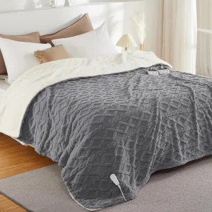Electric Blanket Cal King Size Thick Tufted Sherpa Heated Blanket 10 Heat Levels 10 Time Settings Jacquard Plush Machine Washable Grey Cozy Home