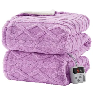 Electric Blanket Full Size Sherpa Heated 10 Heat Levels 10 Time Settings Thick Tufted Jacquard Plush Machine Washable Purple Cozy Home