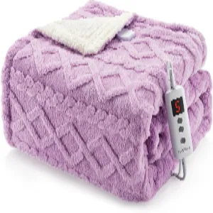 Heated Throw Blanket Sherpa Electric 10 Heat Levels 10 Time Settings Thick Tufted Jacquard Machine Washable 50x60 Purple Cozy Home