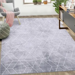 Washable 8x10 Grey Rug, Modern Geometric Print, Soft Low Pile, Non-Slip Backing, Ultra Thin Foldable, Faux Wool, Bedroom Dining Room