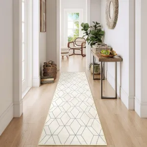 Washable Modern 2x6 Runner Rug, Soft Low Pile, Non Slip Backing, Faux Wool, Ultra Thin Foldable, Beige, Entryway Laundry Bathroom