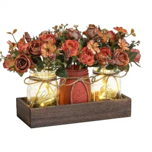 Farmhouse 3PCS Centerpiece Table Decorations with Roses Artificial Flowers Mason Jars and Wood Tray for Dining Coffee Table, Orange