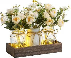 Farmhouse 3PCS Centerpiece Table Decorations with Roses Artificial Flowers Mason Jars and Wood Tray for Dining Coffee Table, White