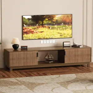 70" Long TV Stands with Storage Cabinet and Open Storage Shelf, Fluted Doors, Mid Century Modern Entertainment Center for Up to 75 Inches TV, Media TV Consoles for Living Room, Walnut