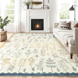 Washable 5x7 Rugs Floral Scalloped Area Rug for Living Room Bedroom Dining Table Beige Non-Slip Botanical Carpet