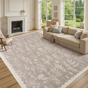 Washable 10x13 Area Rugs for Living Room, Modern Floral Non Slip Taupe