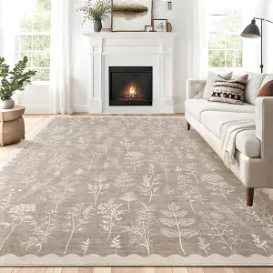 Washable 5x7 Rugs for Living Room Floral Scalloped Bedroom Area Rug, Non-Slip Dining Table Solid Neutral Throw Mat, Botanical Area Rug Carpet for Entry Basement Dorm Farmhouse，Taupe