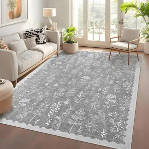 10x13 Extra Large Washable Area Rug Gray Floral Low Pile Non Slip Carpet for Living Room Kids Room Nursery