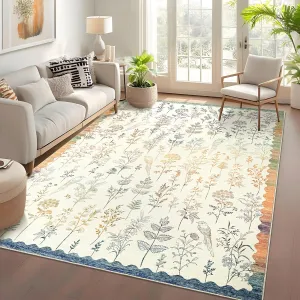 Washable Area Rug 9x12 Large Low Pile Floral Living Room Rug Colorful Stain Resistant Ultra Soft Non Slip Carpet for Nursery Kids Room