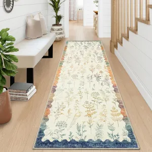 Washable 2x6 Runner Rugs Floral Kitchen Bathroom Rug Neutral Scalloped Carpet Non-Slip Stain Resistant Low-Pile Carpet