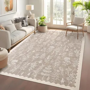 Washable 8x10 Area Rugs for Living Room Scalloped Floral Bedroom Rug, Non-Slip Stain Resistant Dining Table Carpet, Botanical Large Rug Neutral Carpet for Farmhouse Dorm Home Office,Taupe