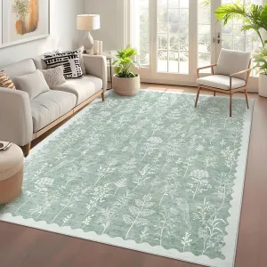 Washable 8x10 Area Rugs Scalloped Floral Non-Slip Stain Resistant Carpet for Living Room Bedroom Dining Table Green