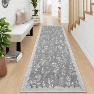 Washable 2x6 Runner Rugs for Bathroom Floral Kitchen Rug Neutral Scalloped Carpet, Non-Slip Hallway Rug Stain Resistant Modern Low-Pile Carpet for ‎Laundry Bedside Entryway(2x6ft,Grey)