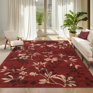 Washable Red Floral Area Rugs 10x13 for Living Room Bedroom Nursery Kids Playroom Soft Non-Slip Thin Carpet Leaf Print