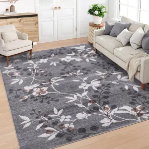 Living Room Rugs 5x7 Washable Non Slip Floral Print Carpet for Bedroom Dining Nursery Grey