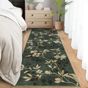 2x6 Washable Kitchen Rugs Green Runner Rug for Hallway Non Slip Low Pile Floor Carpet Indoor Modern Leaf Flower Print