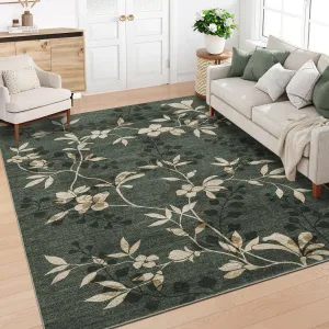 Washable 5x7 Green Floral Leaf Print Rug for Living Room Bedroom Nursery Dining Room, Soft Non Slip Low Pile Thin Mat