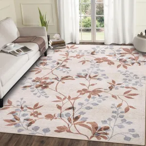 Washable Bedroom Rugs 9x12 Beige Floral Print Large Area Rugs for Living Room Soft Non Slip Ultra Thin Floor Carpet