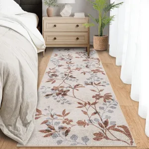 2x6 Runner Rug for Hallway, Washable Kitchen Rug, Non Slip Low Pile Carpet, Beige, Leaf Flower Print, Indoor Use