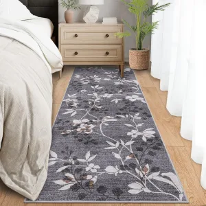 Washable Kitchen Runner Rug 2x6 Non Slip Floral Low Pile Grey for Bathroom Laundry Entryway
