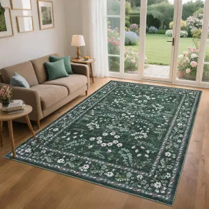Farmhouse Living Room Rug 5x7 Modern Floral Stain-Resistant Soft Low Pile 100% Polyester Foldable Non-Slip Grey Bedroom Kitchen Office