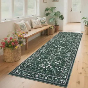 Washable Runner Rug 2x6 Green Modern Farmhouse Floral Non Slip Low Pile Polyester Foldable Indoor Kitchen Laundry