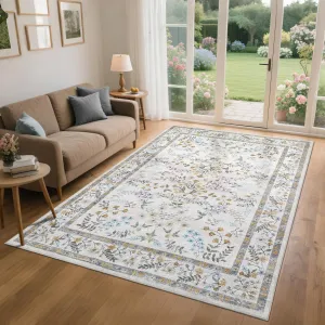 Farmhouse Living Room Rug 5x7 Floral Pattern Soft Low Pile Stain-Resistant Polyester Foldable Non-Slip Indoor Mat for Bedroom Kitchen Office