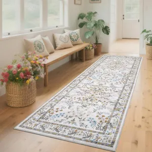 Floral Runner Rug 2x6 Non-Slip Low Pile Polyester Washable Farmhouse Style for Hallway Bedroom Living Room