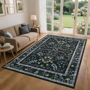 Large Area Rug 8x10 Modern Farmhouse Floral Non-Slip Washable Polyester Thin Foldable Indoor Living Room Bedroom