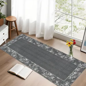 2x6 Washable Kitchen Hallway Runner Entryway Bathroom Rug Soft Non Slip Bordered Mat with Leaf Print Dark Grey