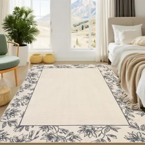 Washable Living Room Area Rug 5x7 Soft Non Slip Bedroom Rug Geometric Leaf Print Beige Black