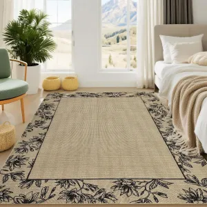 10x13 Living Room Rugs Bordered Modern Non Slip Bedroom Rug with Leaf Print, Extra Large, Brown Black
